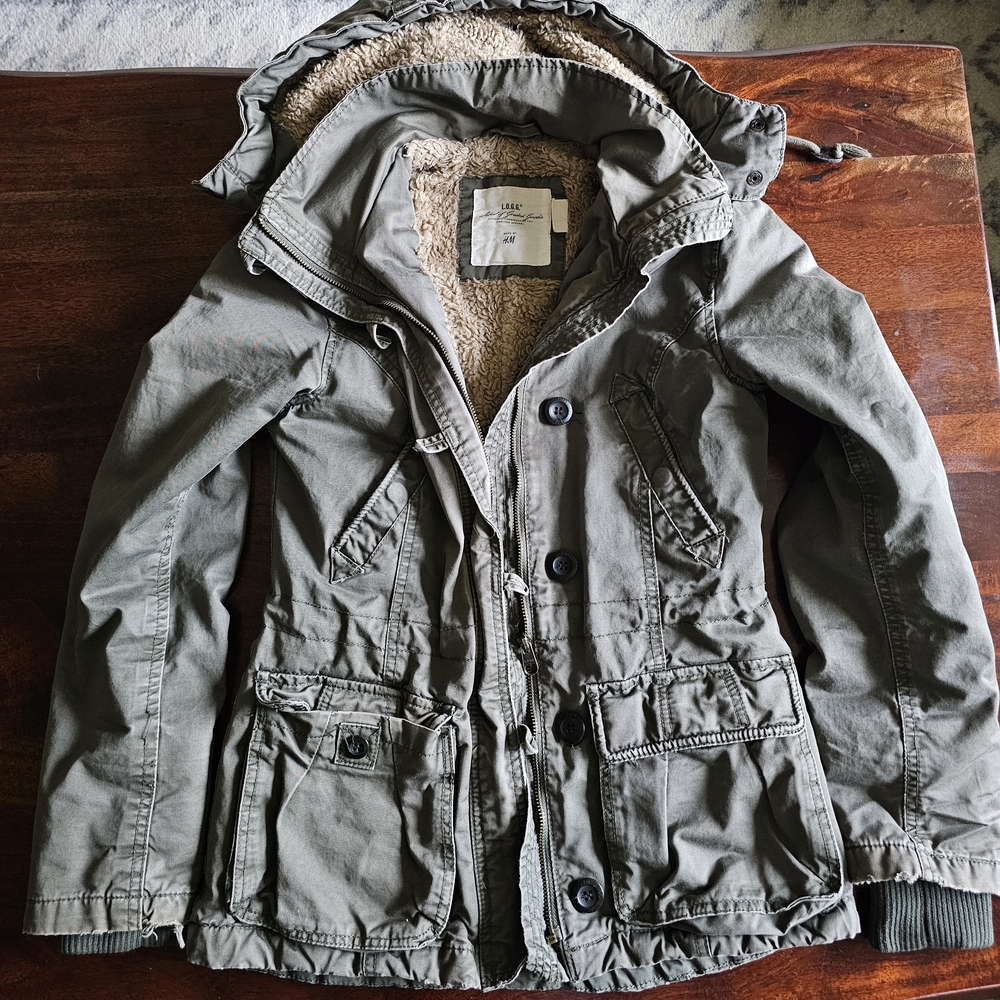 H&M Khaki Jacket with Faux Fur Interior